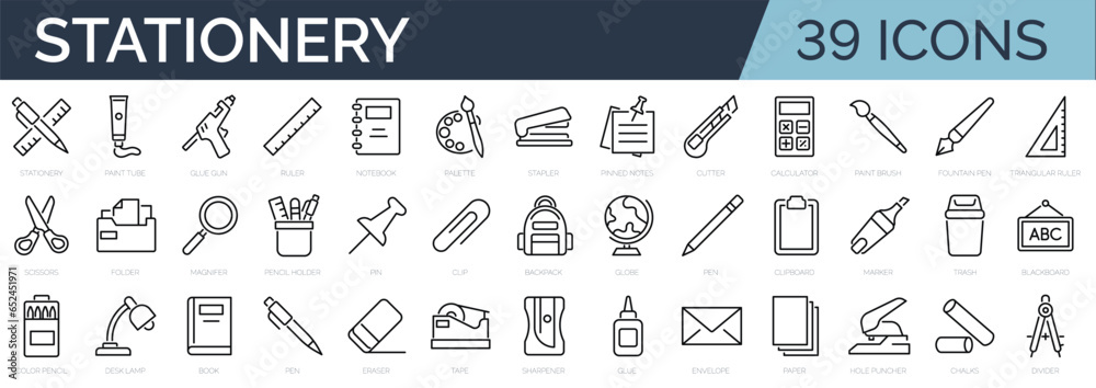Set of outline icons related to school stationery. Linear icon collection. Editable stroke. Vector illustration