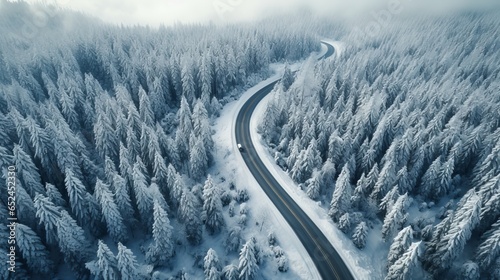 An aerial top-down view of a curvy and winding road meandering through a snow-covered forest, creating a picturesque winter landscape