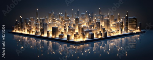A detailed model of a cityscape illuminated with vibrant lights at night
