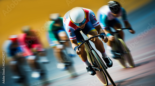 Track racing. Athletic men in track cycling at full speed. Olympic Games in Paris. Banner, blurred effect. photo