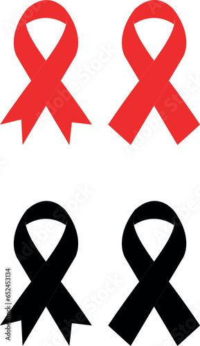 Mourning And Melanoma Support Symbol Set Of Black & Red Ribbon Bow For Funeral Decorating. Death, Memorial And Funeral.