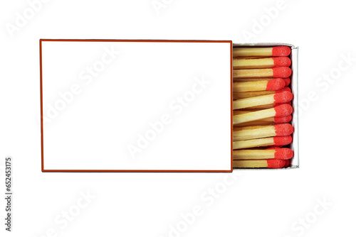 Matchbox with red matchheads on white background, top view