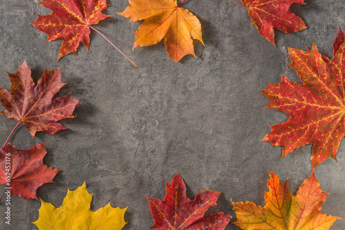 Autumn holiday background; Red and yellow maple leaves on the gray textured backgroud; copy space