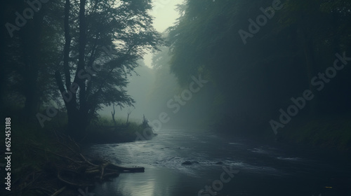 A serene river flowing through a lush forest surrounded by towering trees © cac_tus