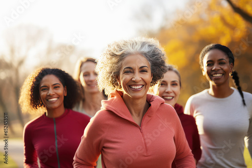 A group of women of different ages during an outdoor jogging workout. Joint training to motivate youth and maintain health in middle age. Format photo 5:2 © Stavros