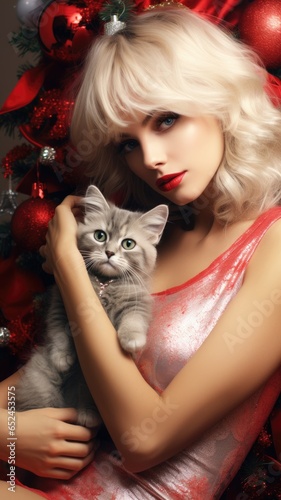A woman holding a cat in front of a Christmas tree