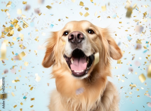 A joyful golden retriever dog surrounded by confetti