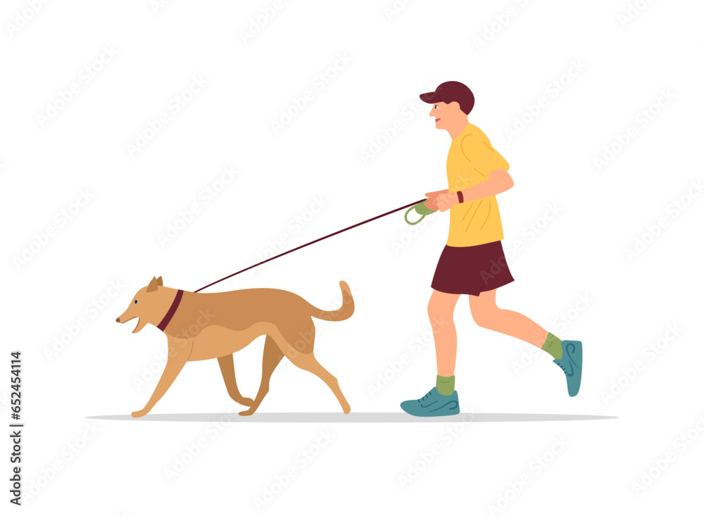 Man walks with a dog on leash. A guy is walking with his pet while ...