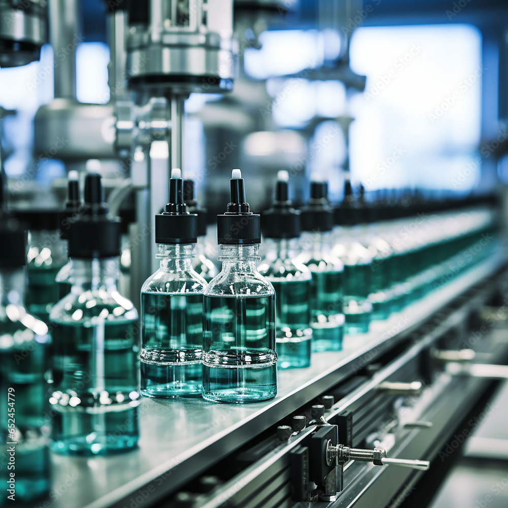 Bottling line of liquid antibacterial soap in bottles on the conveyor belt Industrial background 