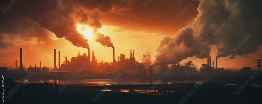 Industrial factory at sunrise, with billowing smoke