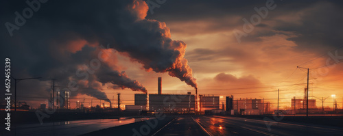 Industrial factory at sunrise, with billowing smoke