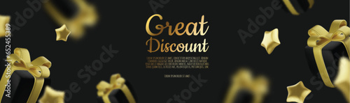 New Year or Christmas sales design template. Vector illustration. Winter background with decorative gift box and gold stars