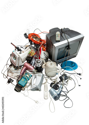 Heap. of electronic waste for recycling. Old household electrical appliances. Sustainable living concept