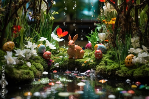 Emerald rabbit waters eggs in chocolate garden., generative IA