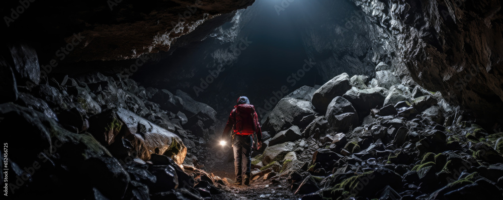 Explorer with a headlamp delving deep into a dark and mysterious cave 