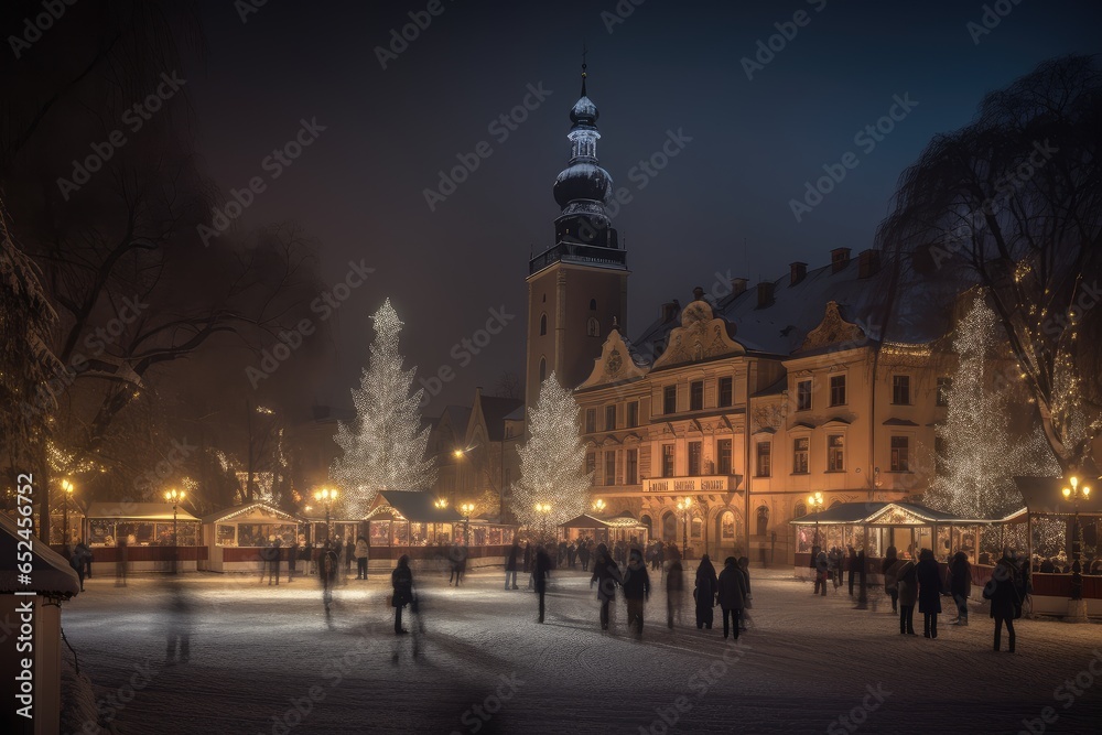 Christmas village covered in snow, joy and lights., generative IA