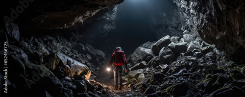 Explorer with a headlamp delving deep into a dark and mysterious cave