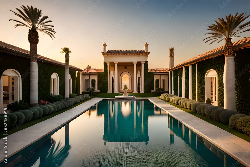 Design a serene and open landscape with a palace as its centerpiece, where a lush grassy lawn extends from the palace's entrance, enhancing the overall aesthetic appeal Create a mesmerizing view of an