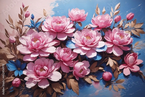 pink and purple floral background, flowers on blue background, oil paint, pink peonies