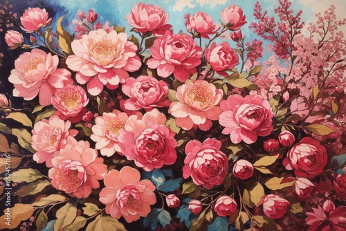 pink floral background, flowers on blue background, oil paint, pink roses 