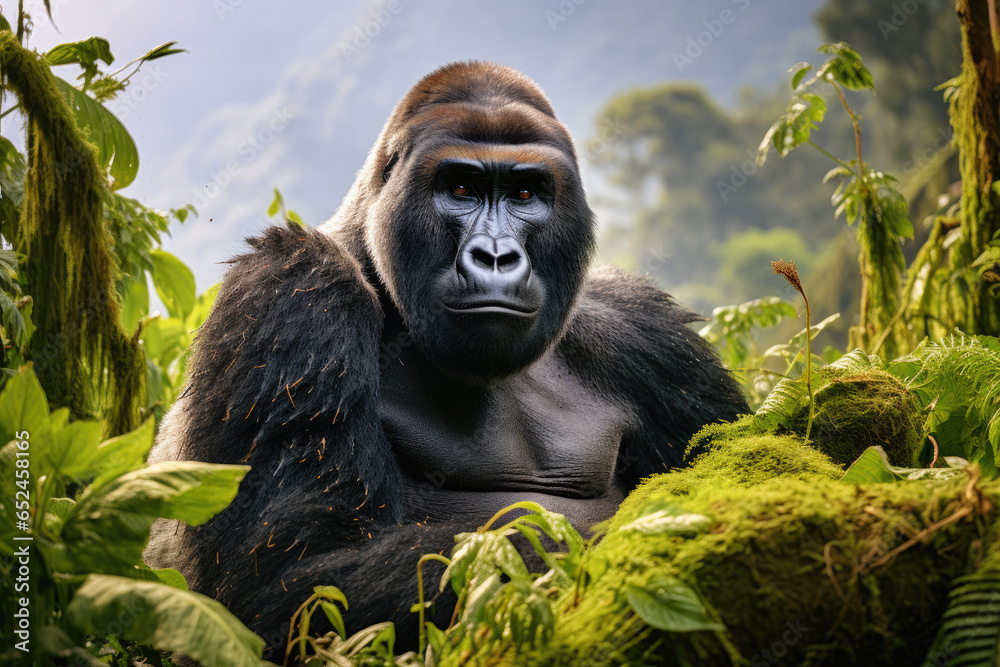 Fototapeta premium Mountain gorilla in its dense jungle habitat
