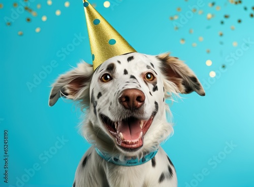 A Dalmatian dog wearing a festive party hat photo