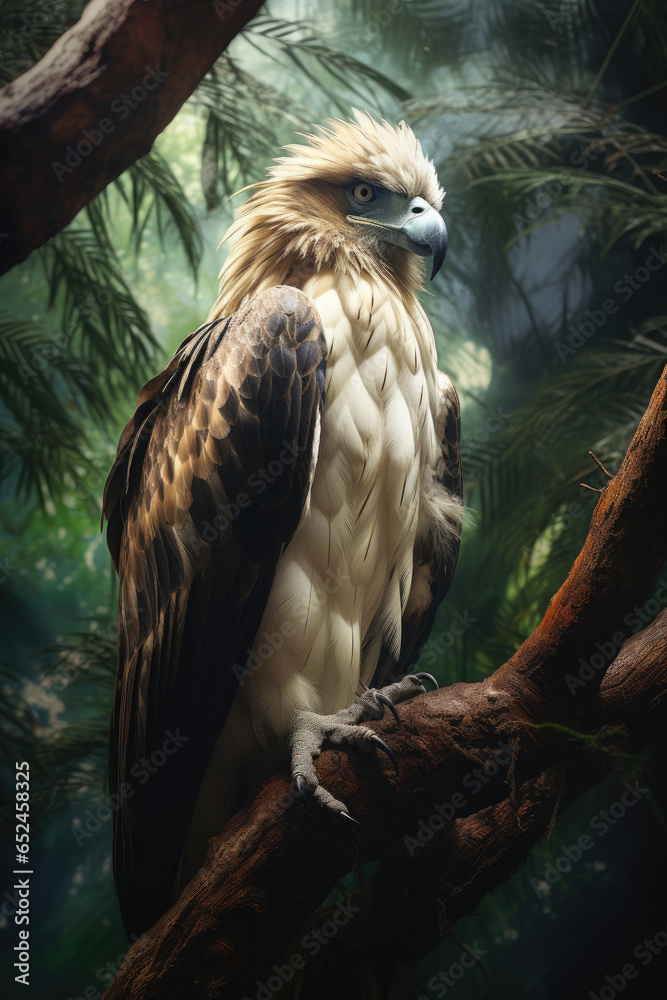 Majestic Philippine Eagle perched on a treetop in its dense forest habitat