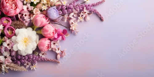 Beautiful spring flowers bouquet on pastel pink background top view. Spring flowers. Copy space. Photo texture. Horizontal banner. Ai generated