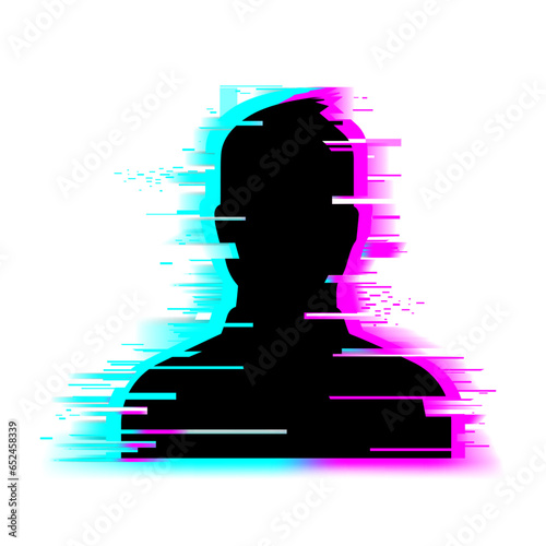 Human man head with glitch face. Anonymous vector icon. Incognito sign. Privacy concept. Gamer profile avatar isolated on white background