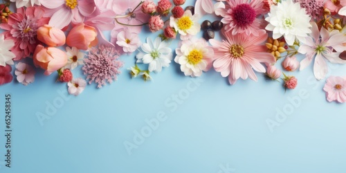 Beautiful spring flowers bouquet in pastel blue colors. Spring flowers. Copy space. Photo texture. Horizontal banner. Ai generated