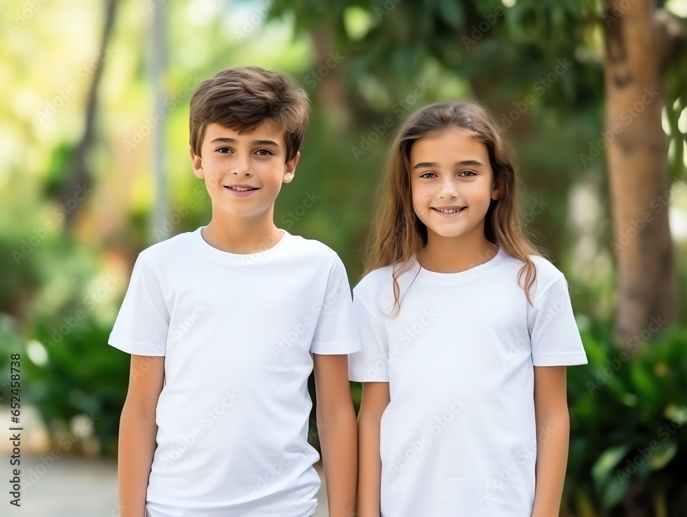 Cute sibling or friend, boy and girl wearing blank empty white tshirt mockup for design template Cute sibling or friend, boy and girl wearing blank empty white tshirt mockup for design template