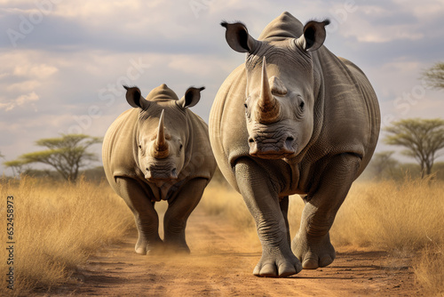 Northern White Rhinoceros in savannah landscape © thejokercze