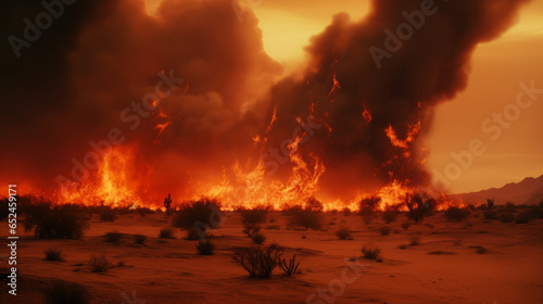 A massive inferno engulfing the barren desert landscape