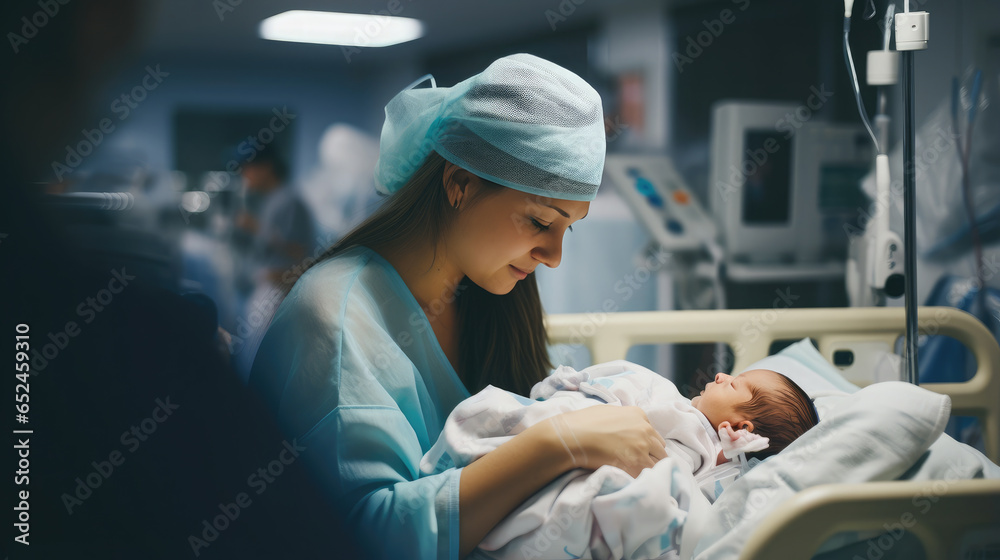 Generative AI, woman holding a newborn baby in her arms in the delivery ...