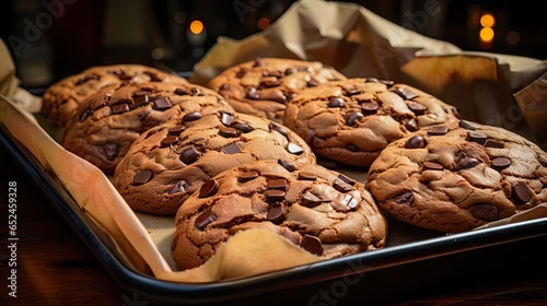 Fresh baked handmade chocolate cookies on baking paper.