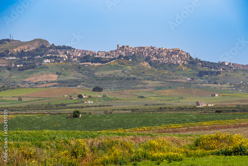 Spring landscape under the historic town of Salemi on the island of Sicily photo