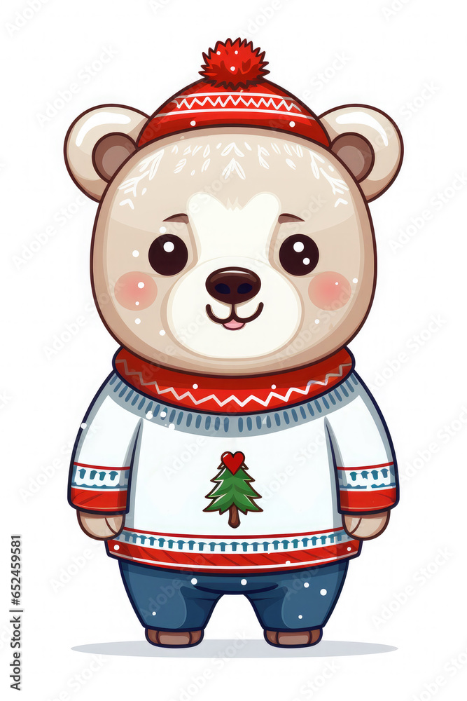 Cute and funny bear wearing ugly christmas sweater. Holiday illustration isolated in white background Cute and funny bear wearing ugly christmas sweater. Holiday illustration isolated in white background