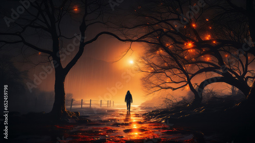 A person walk into the misty foggy road in a dramatic mystic scene with warm colors.