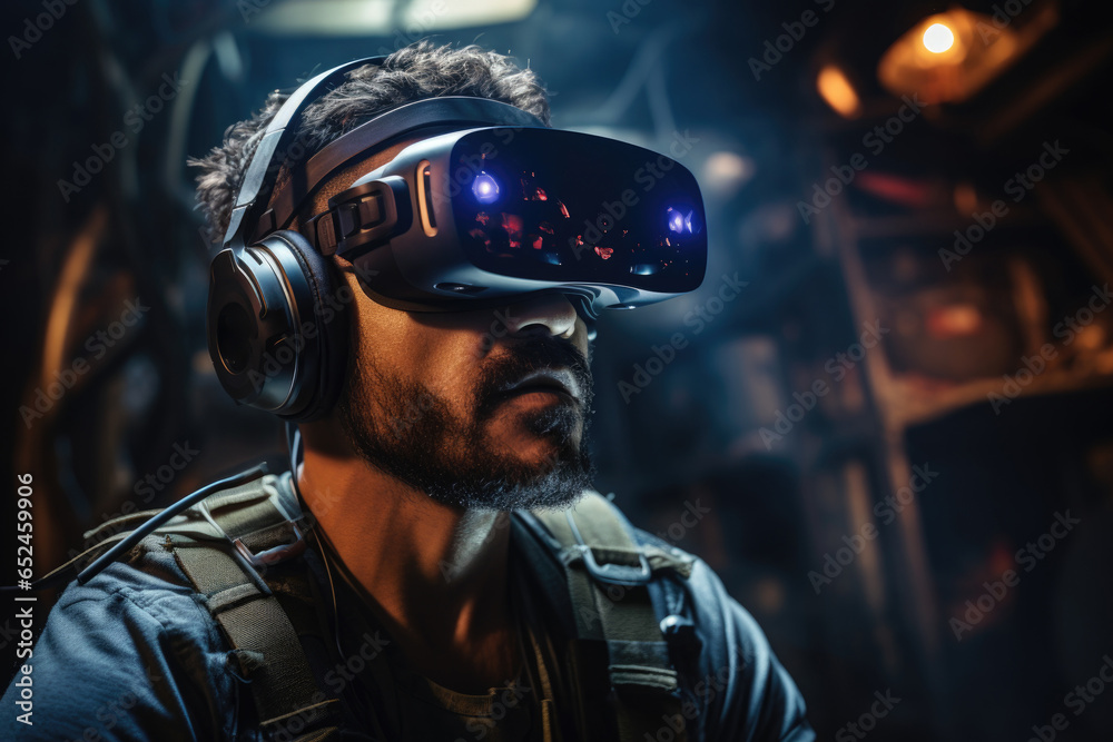 A virtual reality headset providing an immersive experience with AI-generated worlds. Generative Ai. A virtual reality headset providing an immersive experience with AI-generated worlds. Generative Ai.
