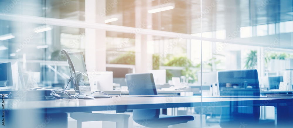 Blurry focus of a contemporary open-space office interior, can be used as a background. Wide panorama Blurry focus of a contemporary open-space office interior, can be used as a background. Wide panorama