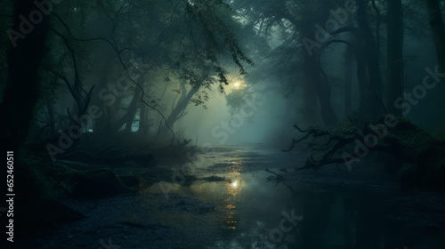 A serene stream flowing through a lush forest landscape