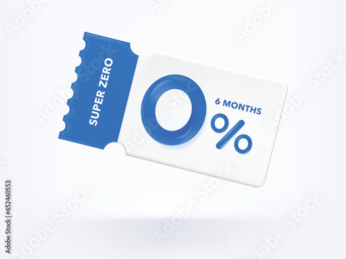 3D Gift voucher with coupon Zero Percentage. For business promotion sales and Discount online purchases. Tag label, sale banner with super zero 0% discount. 3d rendering.