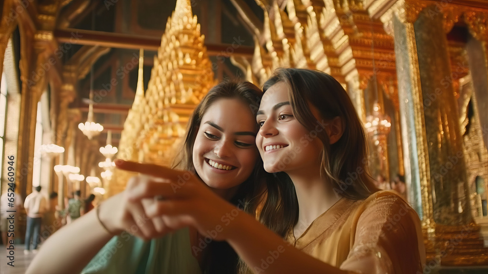 Happy young tourist women friends enjoy taking selfie together while travel in temple of the emerald buddha, Wat Phra Kaew, popular tourist place in Bangkok, Thailand,wide andel lens,