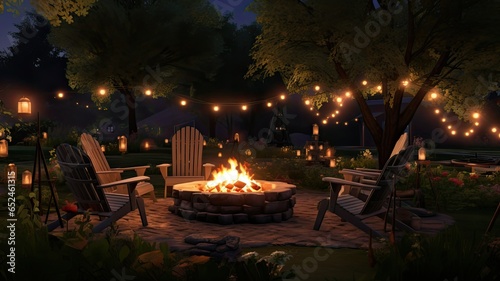 A picnic in the garden, illuminated by the soft light of a fire. A cozy setting for a picnic with a blanket, snacks and drinks. The play of shadows and the alluring atmosphere of fire.