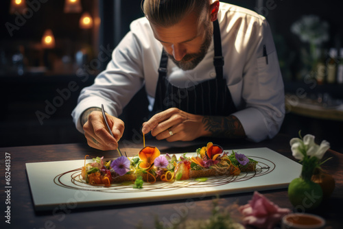 A chef skillfully plating an elegant dish, turning food into an edible masterpiece. Concept of culinary creativity. Generative Ai.