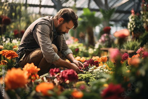 A gardener meticulously arranging flowers in a botanical garden. Concept of horticultural creativity. Generative Ai. © Sebastian