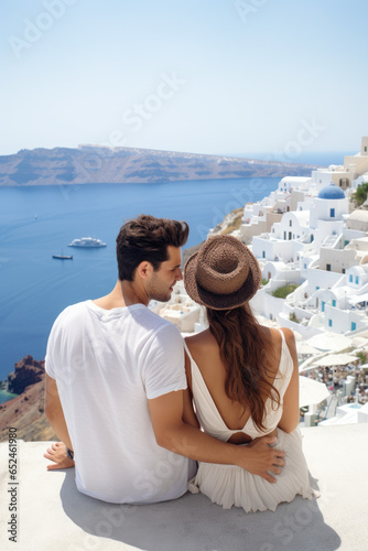 Young couple enjoying a romantic moment by the serene shores of Santorini, Greece © thejokercze