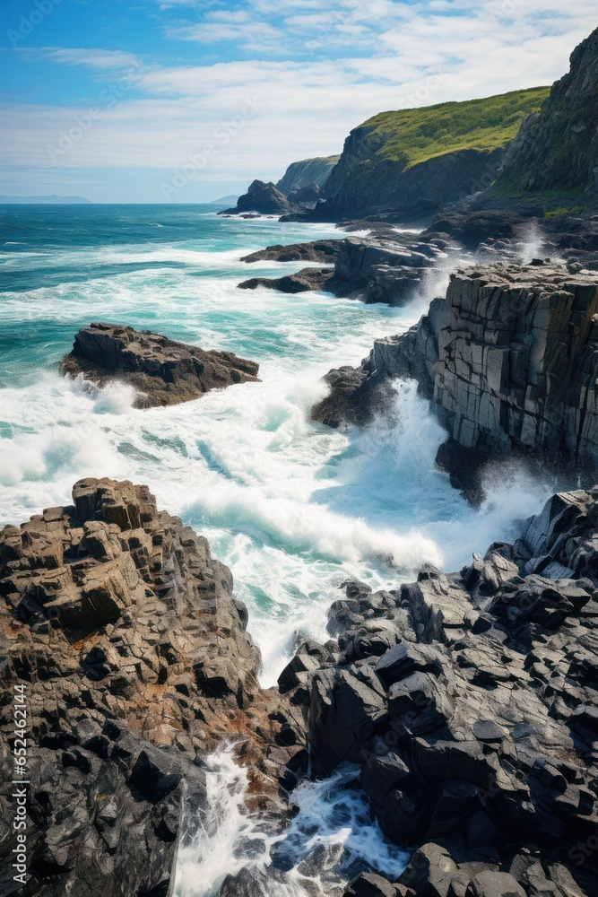 Dramatic rocky coastline with crashing waves.