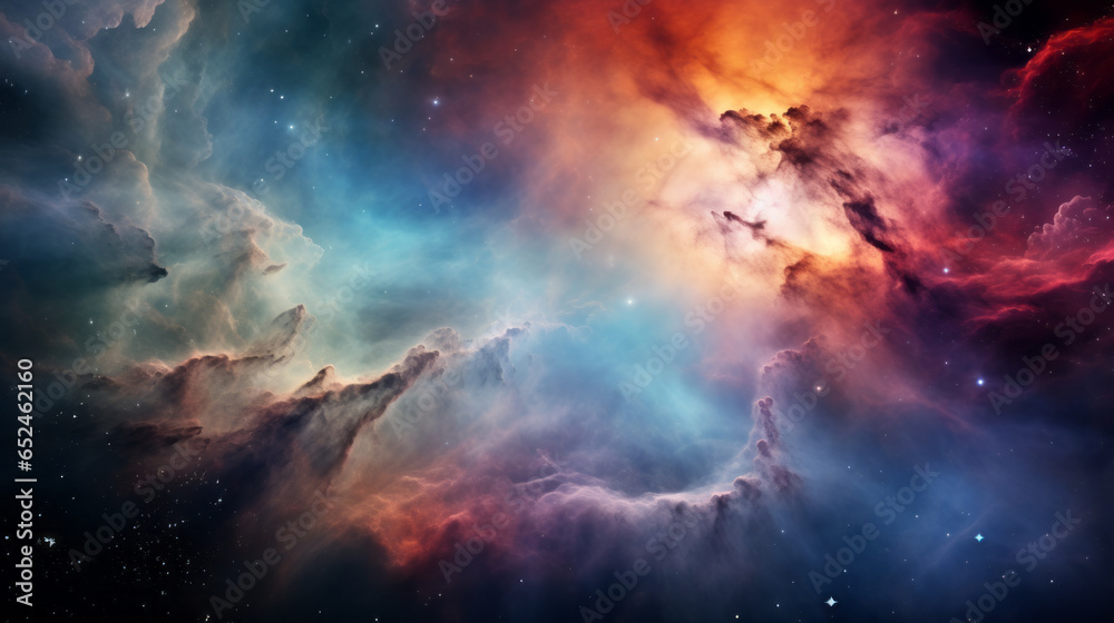 A vibrant celestial landscape with swirling clouds and shimmering stars