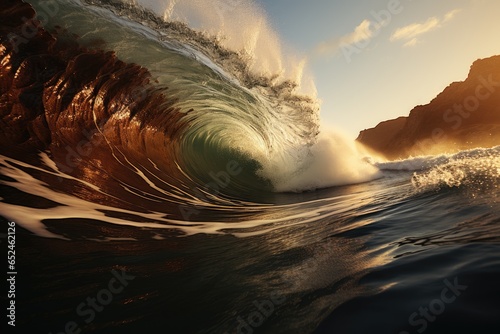 Surfer dominating gold wave to sunset, among imposing cliffs., generative IA photo